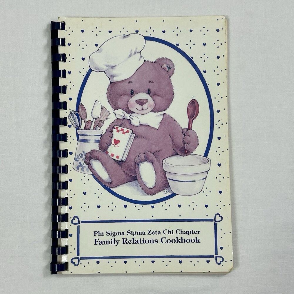 1995 Phi Sigma Sigma Zeta Chi Vintage Family Relations Cookbook Spiral Bear Chef